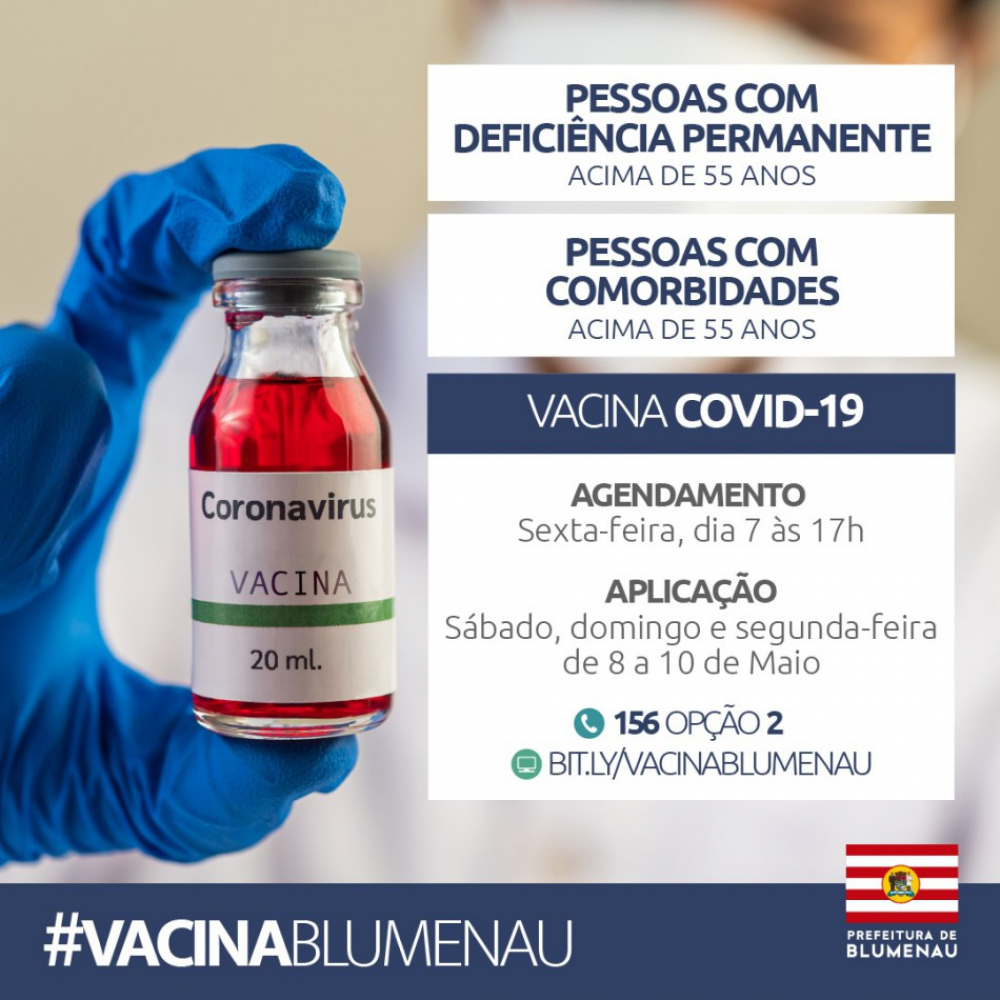 Blumenau abrirá agendamento da vacina contra o coronavírus para pessoas com comorbidades e deficiência permanente