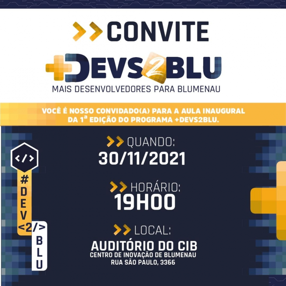 Agendada Aula Inaugural do +Devs2Blu - Mais Desenvolvedores para Blumenau